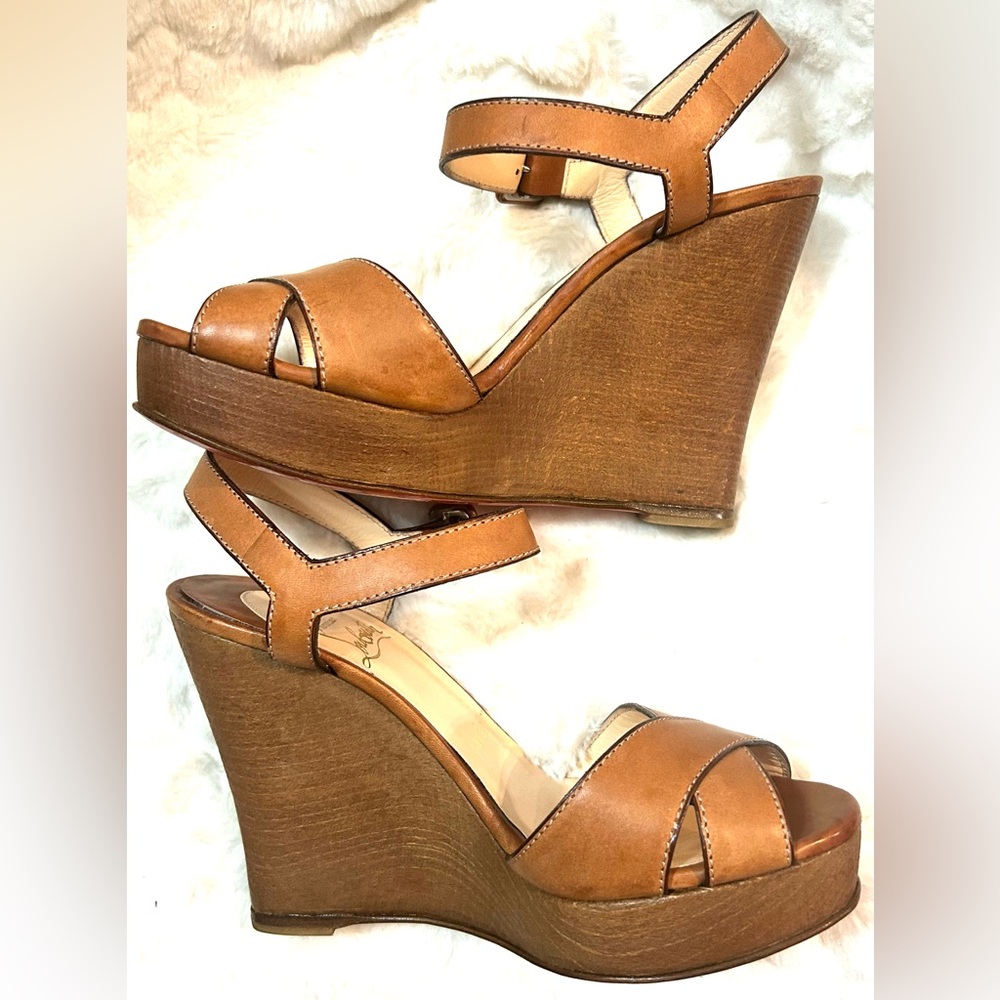 Authentic Christian Louboutin Leather Tan Wooden Wedge Sandals US size 6 - Picture 8 of 16
